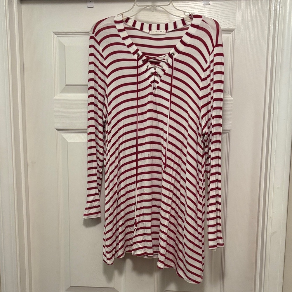 First looks Burgundy and White Striped Long Sleeve Top with criss cross size l